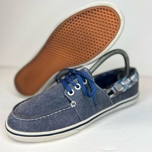 Vans Womens Shoes Sz 8.5 Navy Blue Canvas Boat Shoes Comfort Casual Plaid Superb